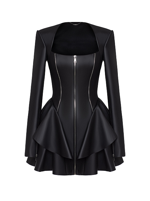 Black leather mini dress with ruffles, 1