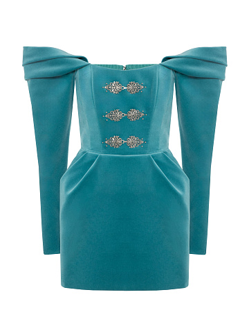 Turquoise Off-shoulder Velvet Mini Dress, 1