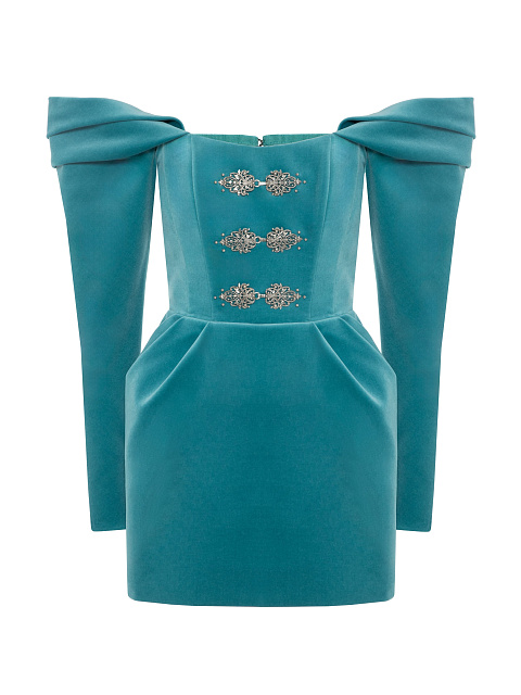 Turquoise Off-shoulder Velvet Mini Dress, 1 Turquoise Off-shoulder Velvet Mini Dress, 1