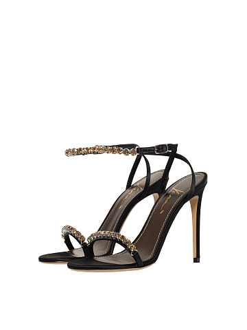 Black Leather Sandals With Rhinestones, 1