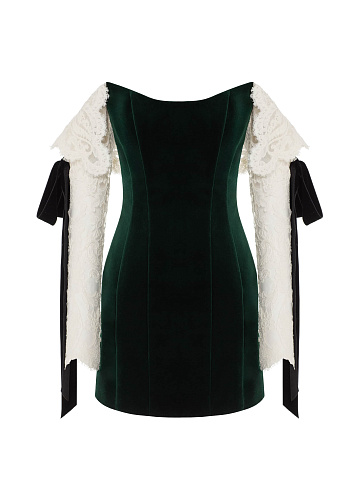Dark Green Velvet Dress With Lace Sleeves And Ribbons, 1