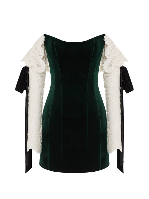 Dark Green Velvet Dress With Lace Sleeves And Ribbons, 1 Dark Green Velvet Dress With Lace Sleeves And Ribbons, 1