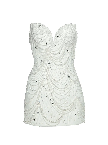 White Pearls & Rhinestones Silk Mini Dress, 1