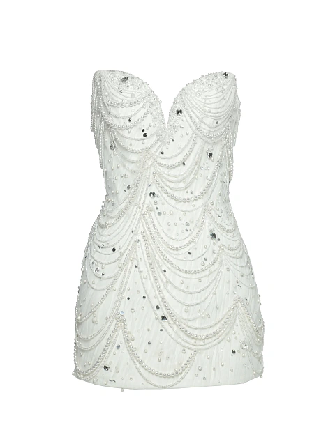 White Pearls & Rhinestones Silk Mini Dress, 1
