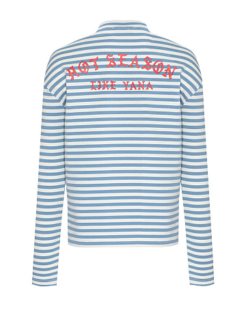 White and light blue cotton striped top with red print, 2