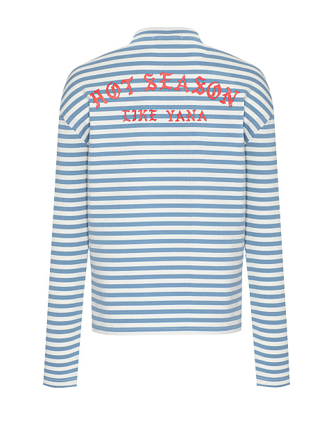White and light blue cotton striped top with red print, 2