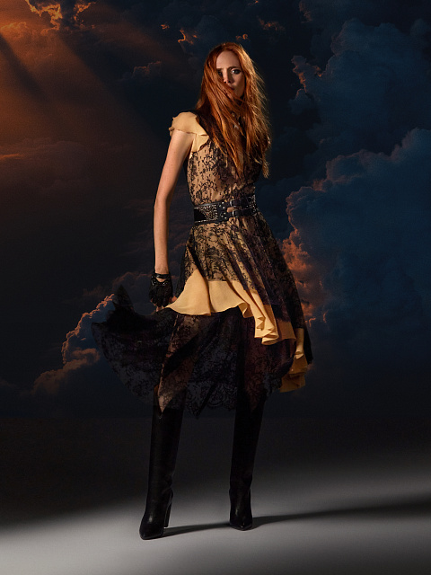 Beige & Black Lace Chiffon Midi Dress, 5