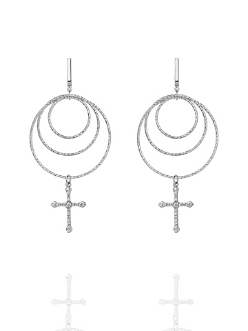 Silver & Cubic Zirkonia Cross Hoop Earrings, 1