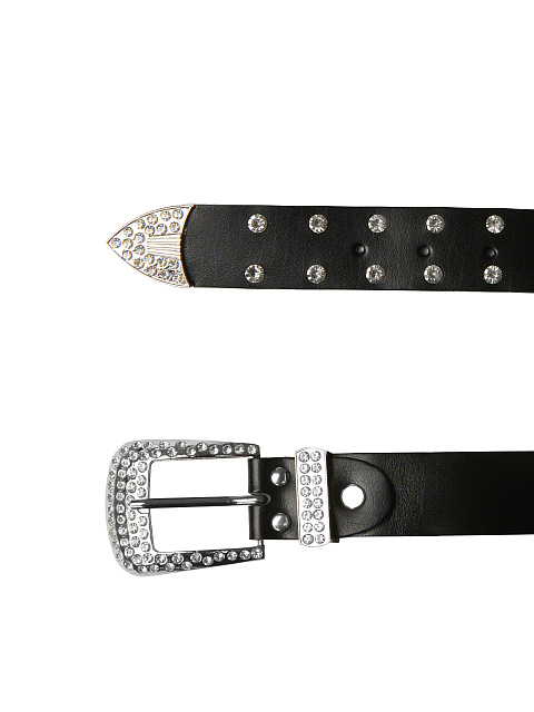Black Rhinestone Perforated Faux Leather Belt, 2