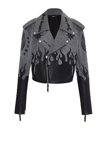 Grey Leather Trim Denim Biker Jacket, 1