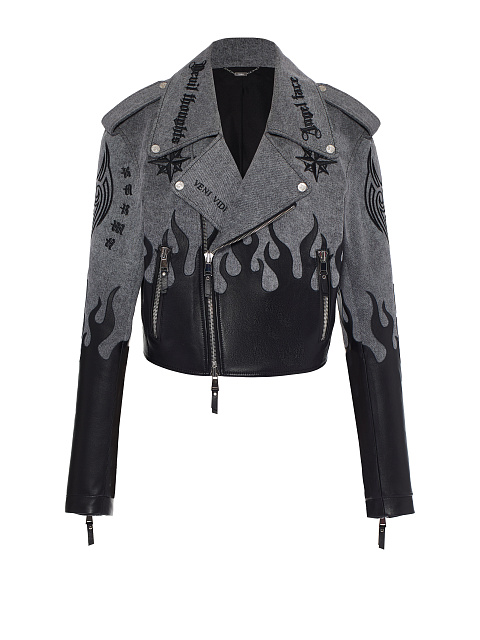 Grey Leather Trim Denim Biker Jacket, 1