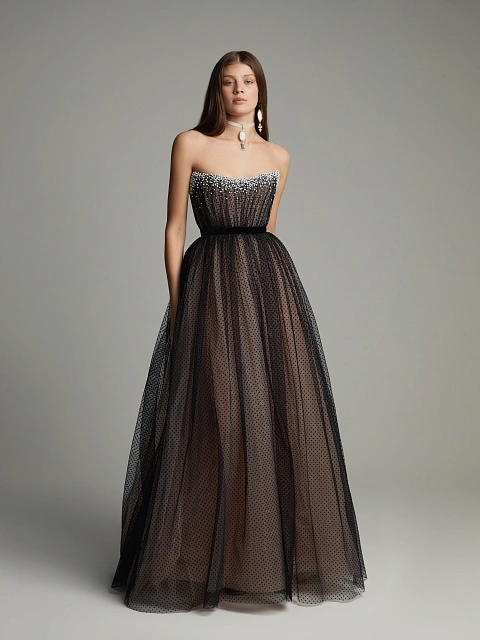 Black Polka Dot Tulle Maxi Dress, 2