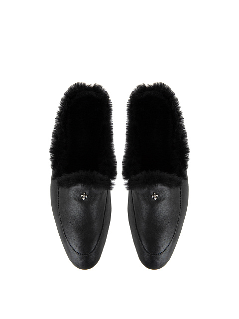 Black Leather Fur Trimmed Mules, 4