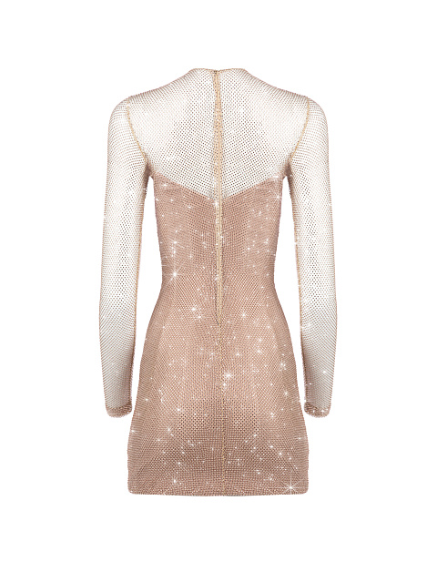 Beige Rhinestones Mesh Mini Dress, 2