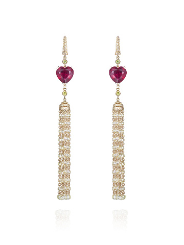 Heart Ruby & Yellow Briolette Diamond & Gold Tassel Earrings, 1