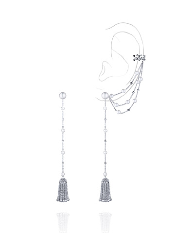 Pearl & White Gold Tassel Earrings, 1