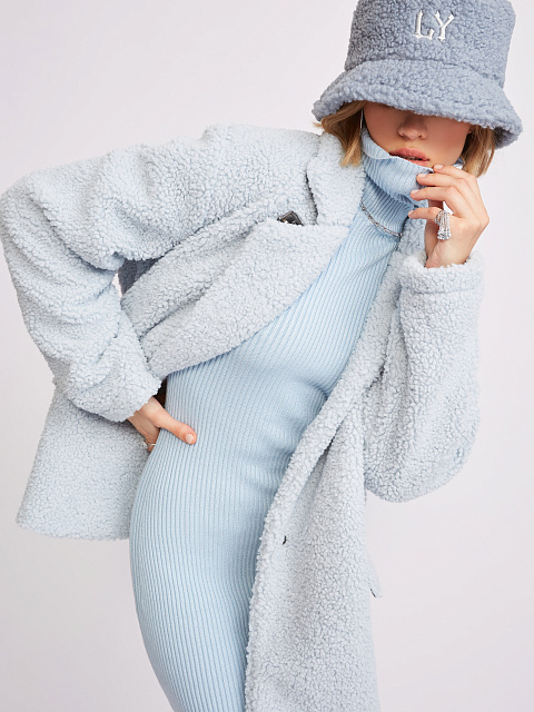 Light Blue Rib Knit Turtleneck Mini Dress, 5