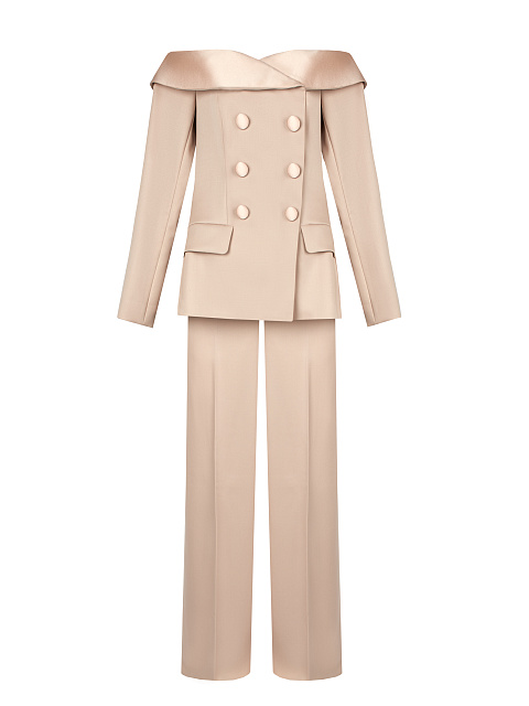 Beige Double-Breasted Off-Shoulder Suit, 1