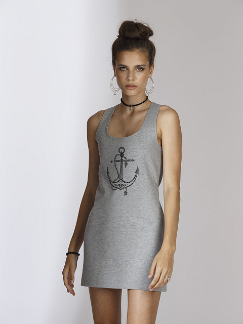 Grey Cotton Anchor Printed Tank Dress, 3 Grey Cotton Anchor Printed Tank Dress, 3