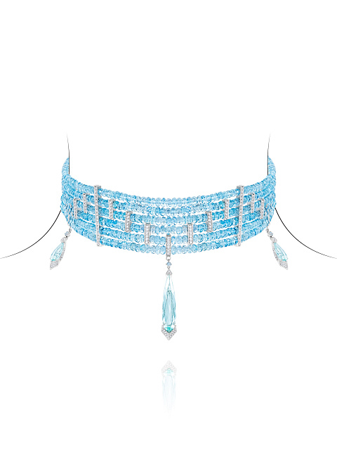 White gold choker necklace with aquamarines and diamonds, 4