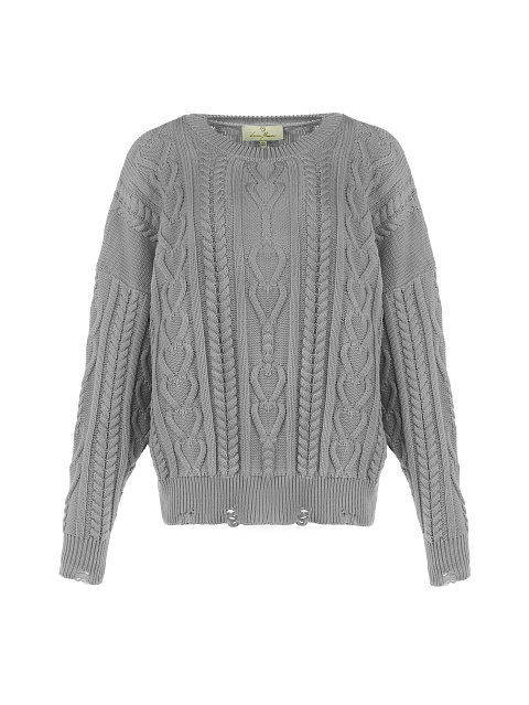 Grey Distressed Cable Knit Sweater , 1