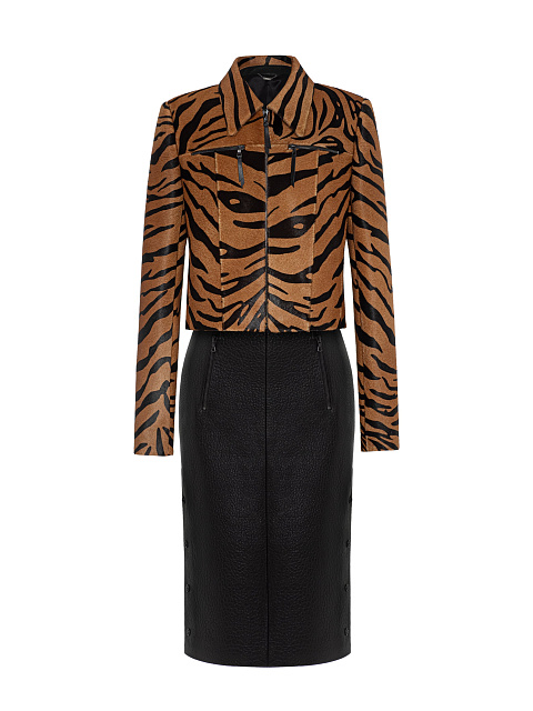 Tiger Print Jacket And Black Midi Skirt Set, 1
