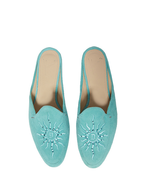 Turquoise Embroidered Suede Mules, 4 Turquoise Embroidered Suede Mules, 4