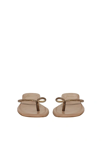 Beige Rhinestones Leather Flip-Flops, 2