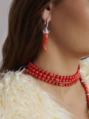 Coral, Round Diamond & White Gold Earrings, 2