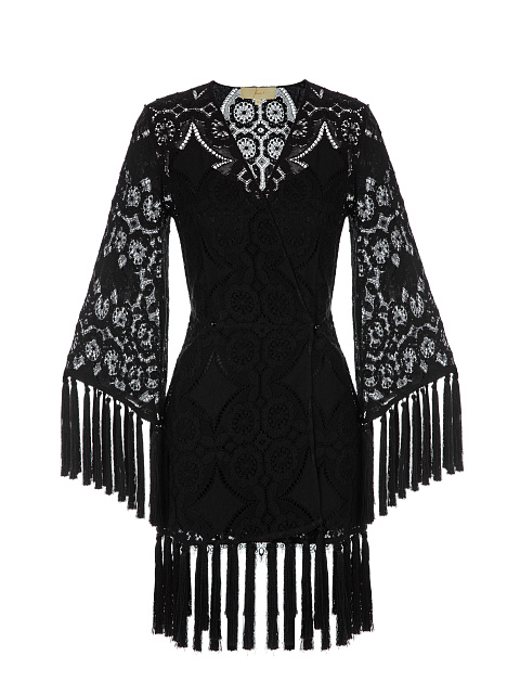 Black Fringed Lace Cotton Wrap Mini Dress, 1