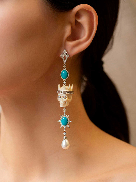 White Gold, Turquoise, Diamonds & Mammoth Tusk Skull Earrings, 3