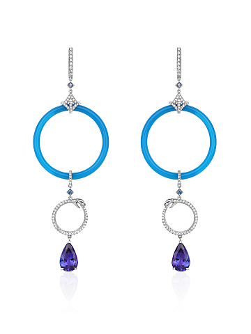 Agate, Pear Tanzanite, Sapphire, Round Diamond & White Gold Earrings , 1