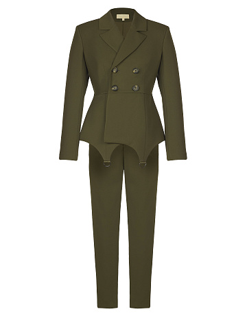 Khaki Green Double-Breasted Peplum Pantsuit, 1
