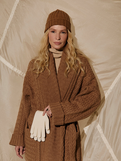 Brown Merino Wool & Cashmere Knitted Coat, 4