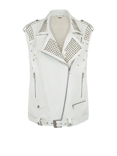 White Studded Leather & Shearling Vest, 1