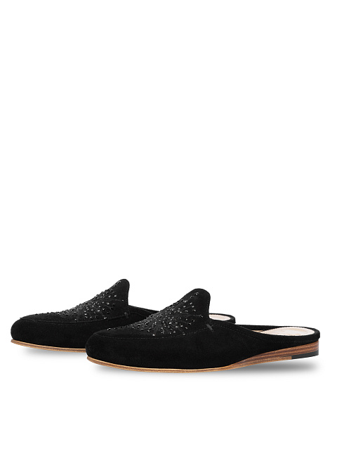 Black Embroidered Suede Mules, 1