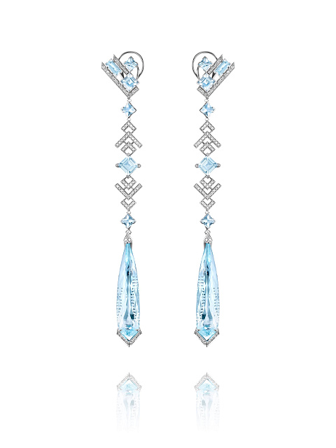 Long palladium earrings with aquamarines and diamonds, 1 Long palladium earrings with aquamarines and diamonds, 1