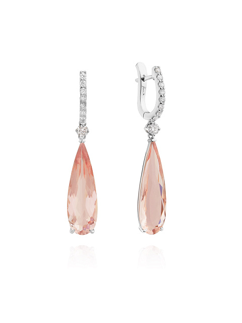 White gold earrings with pear-cut morganite and round diamonds, 1