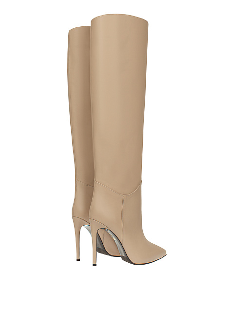Eggshell Cream Leather Stiletto Boots, 3