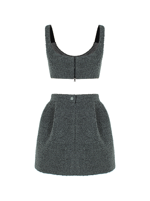 Grey Boucle Wool Top & Mini Skirt Set, 2 Grey Boucle Wool Top & Mini Skirt Set, 2