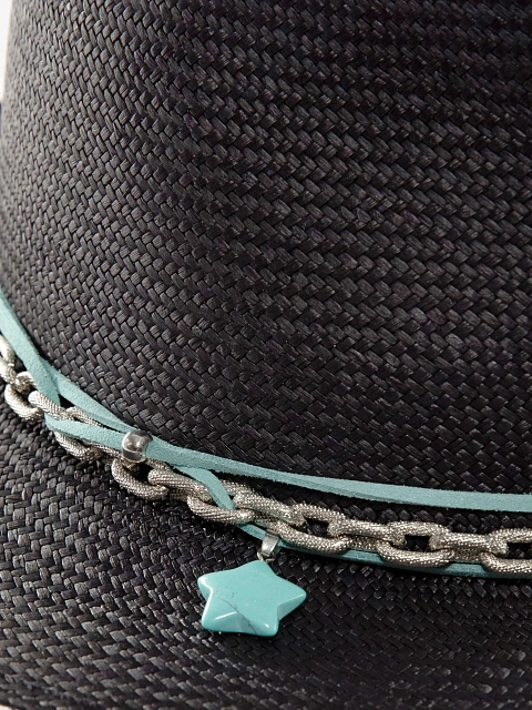 Black Straw Hat With Chain & Turquoise Star, 4