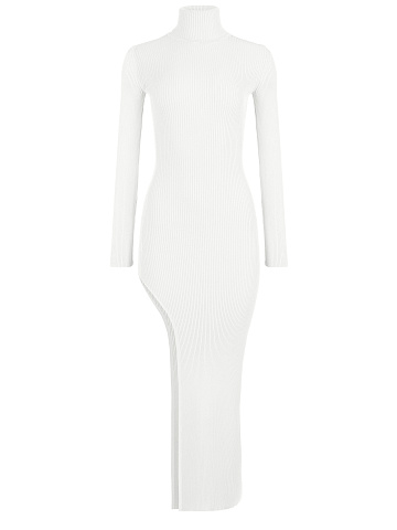 White Rib Knit Turtleneck Cut Out Maxi Dress, 1