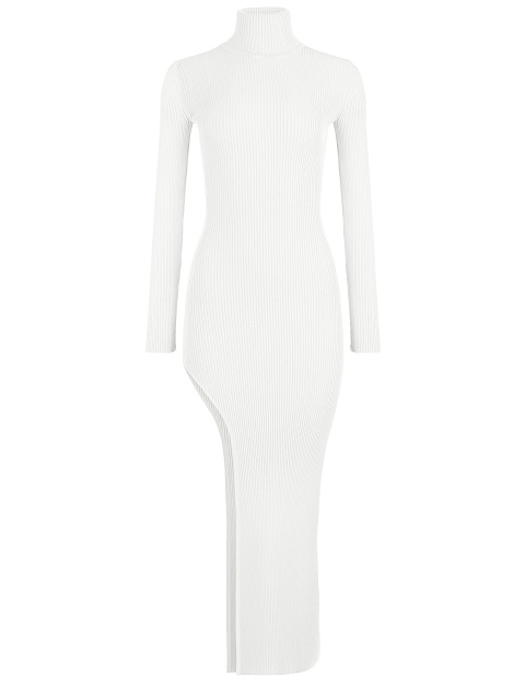 White Rib Knit Turtleneck Cut Out Maxi Dress, 1