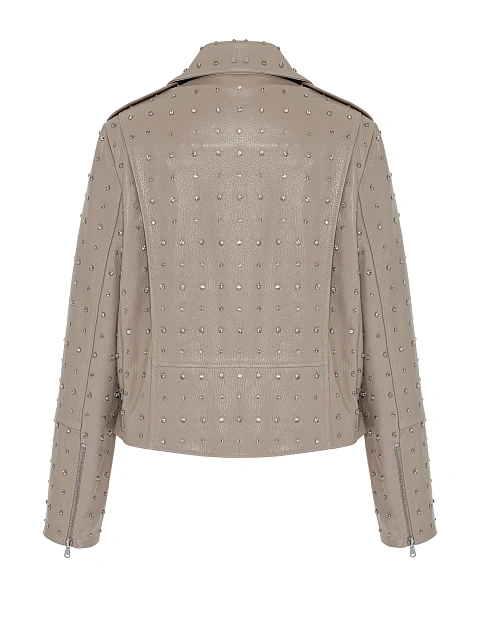 Beige Rhinestones Leather Biker Jacket, 2