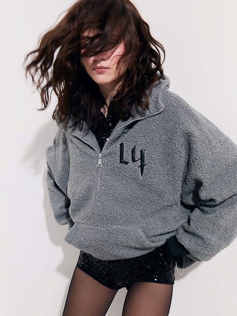 Grey Boucle Oversized Hoodie, 3