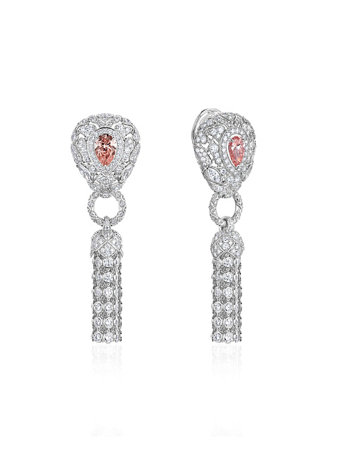 Tassel earrings in white gold with a pink diamond, 1