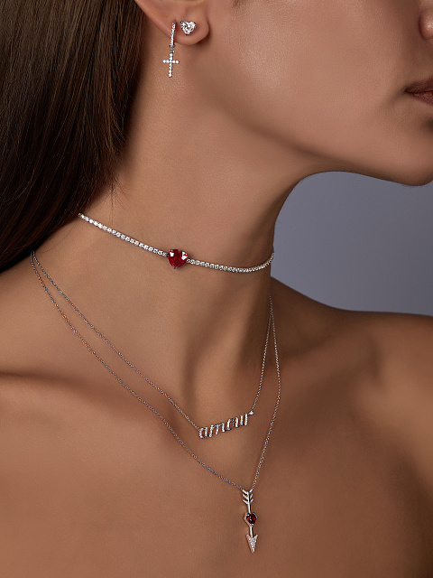 Heart Ruby & Round Diamond & White Gold Choker, 2