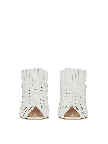 White Woven Leather Heeled Mules, 2