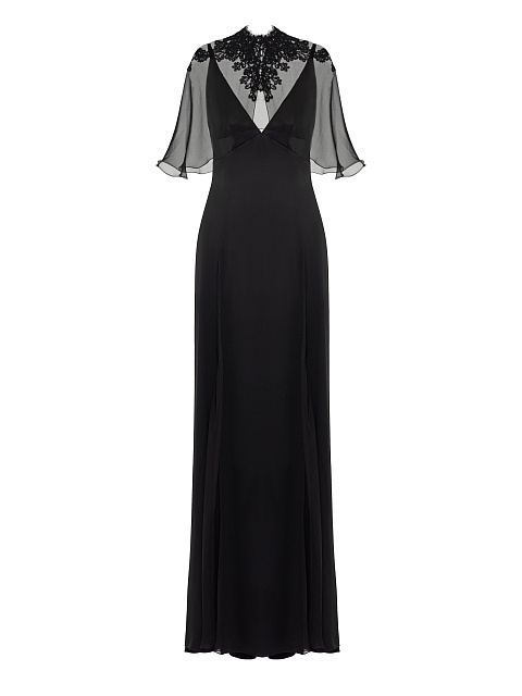 Black Silk Maxi Dress With Chiffon & Lace Cape, 1