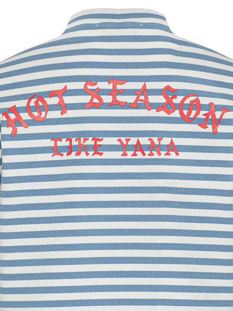 White and light blue cotton striped top with red print, 3